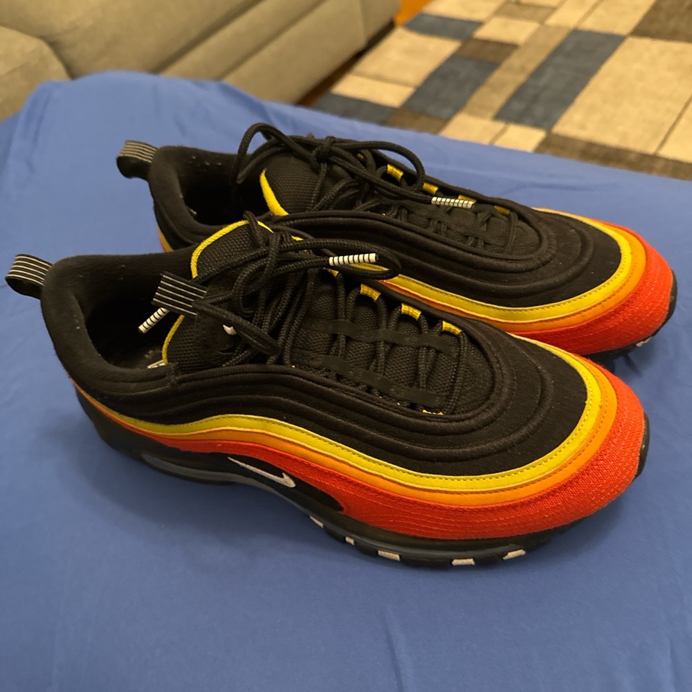 Black and Red Sneakers with Yellow Accents